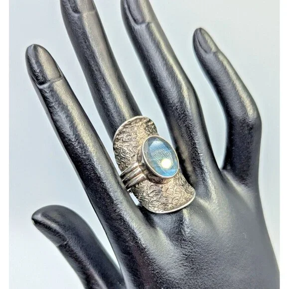 PTI India Sterling Silver 925 Labradorite Saddle Style Cocktail Ring Sz 7